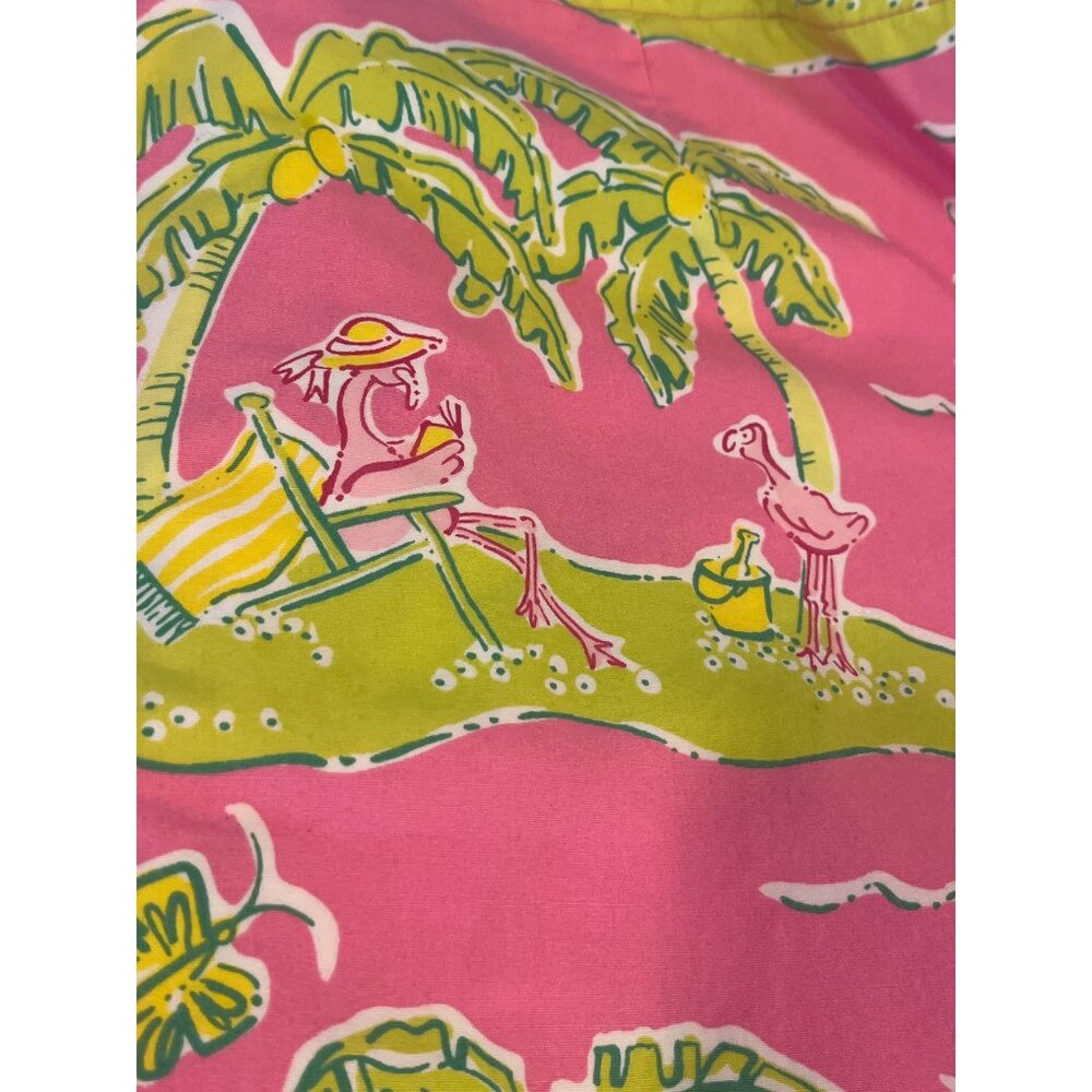 Lilly Pulitzer Flamingo & Palm Print Pink Mini Skirt W/ Green Ribbon Tie Detail - Picture 3 of 6